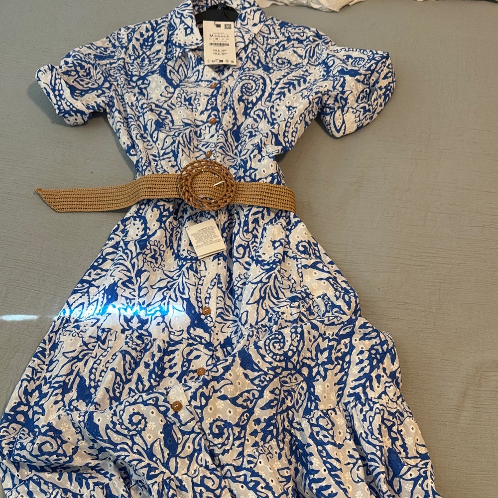 Zara Blue and White Patterned Maxi Dress with Tan Belt